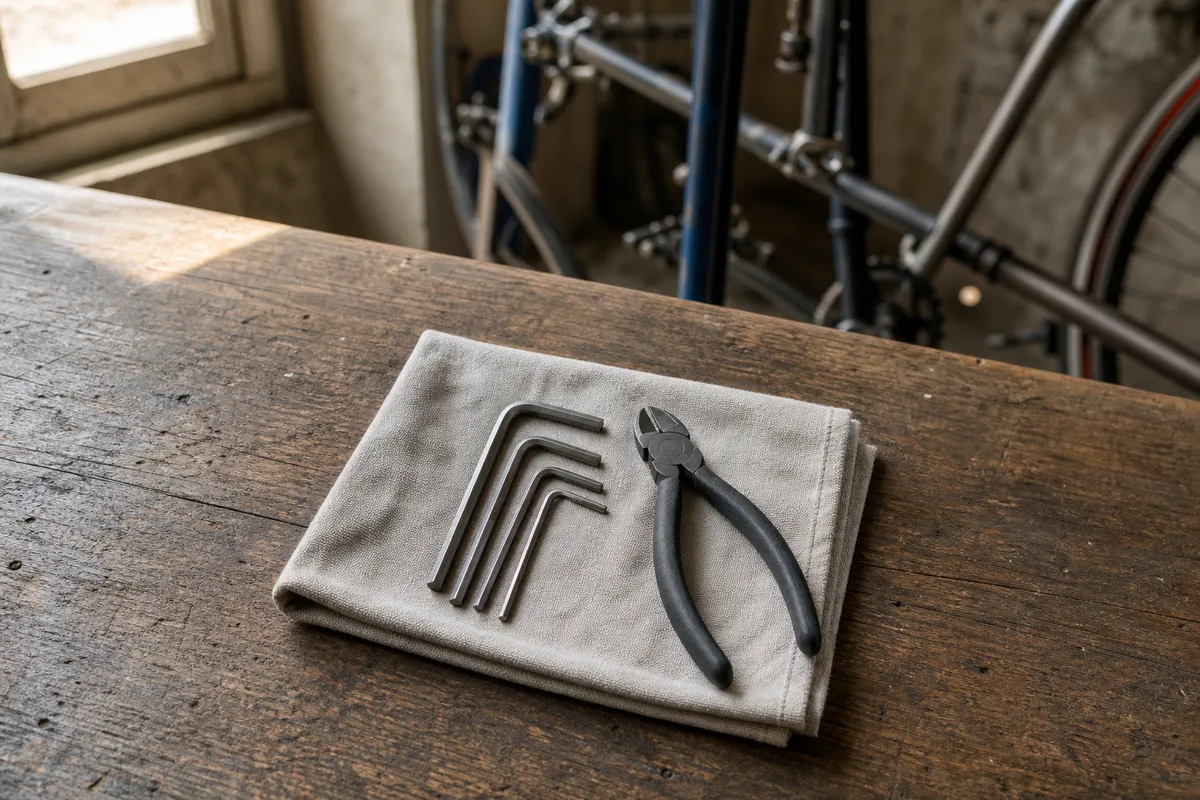 Trousse d&rsquo;outils pour régler les freins de vélo : clés Allen et pince sur établi