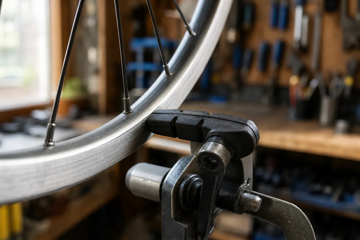 Patin de frein V-brake positionné contre la jante d&rsquo;un vélo