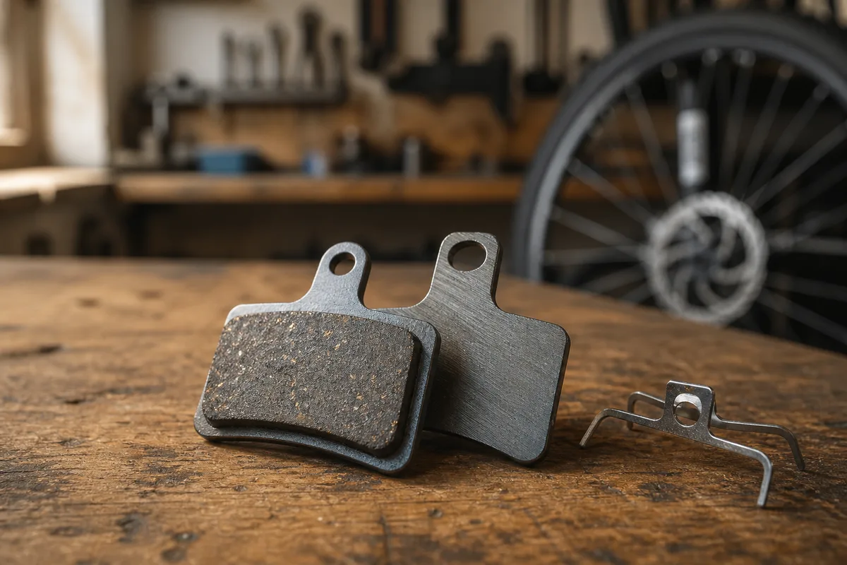 Plaquettes de frein à disque posées sur l&rsquo;établi de l&rsquo;atelier